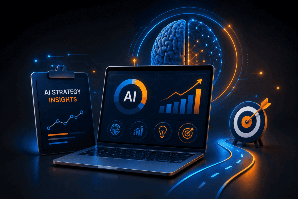 A laptop displays AI data and graphs, with a clipboard labeled “AI Strategy Insights,” a target, a brain graphic, and a digital network in the background—capturing the essence of AI Execution Solutions for SMEs.