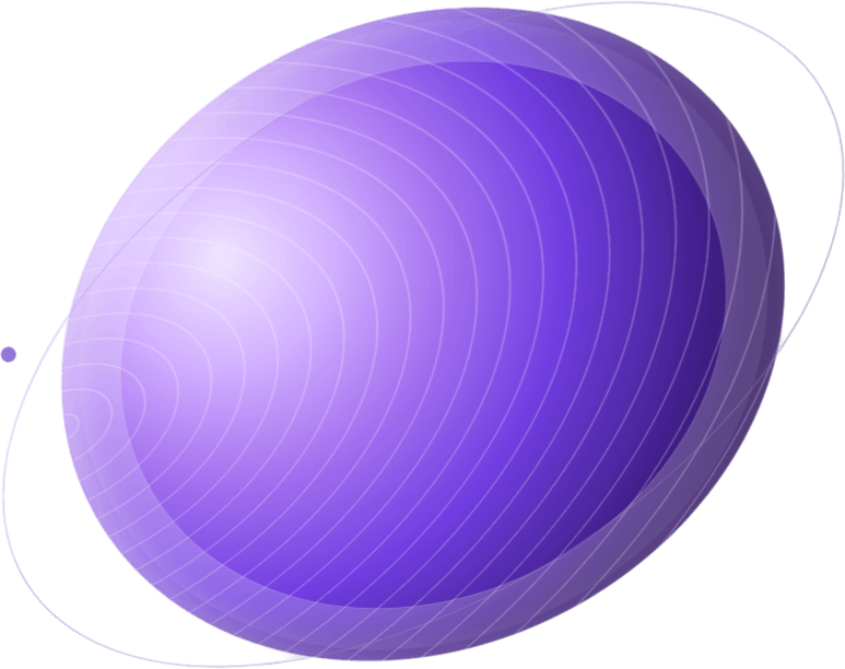 A large, smooth, purple sphere with curved white lines and faint orbit-like rings on a light background.
