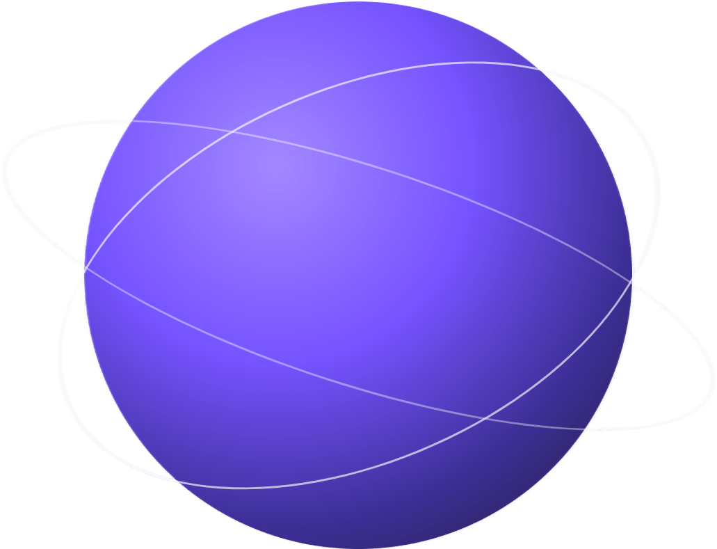 A smooth, purple sphere with faint, curved white lines orbiting around it on a light gray background.
